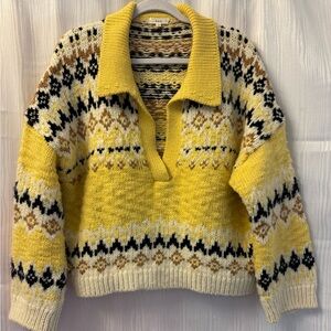 A.L.C. Yellow V-Neck Sweater with Nordic Pattern